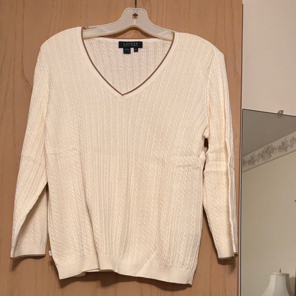 Lauren Ralph Lauren Light Camel V-Neck Cable-Knit Sweater with Contrast Trim